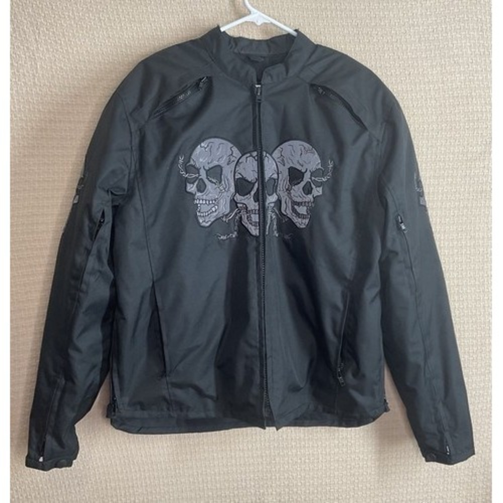 Revolution Gear Black Skulls Logo Textile Armour FullZip Motorcycle Jacket Men L